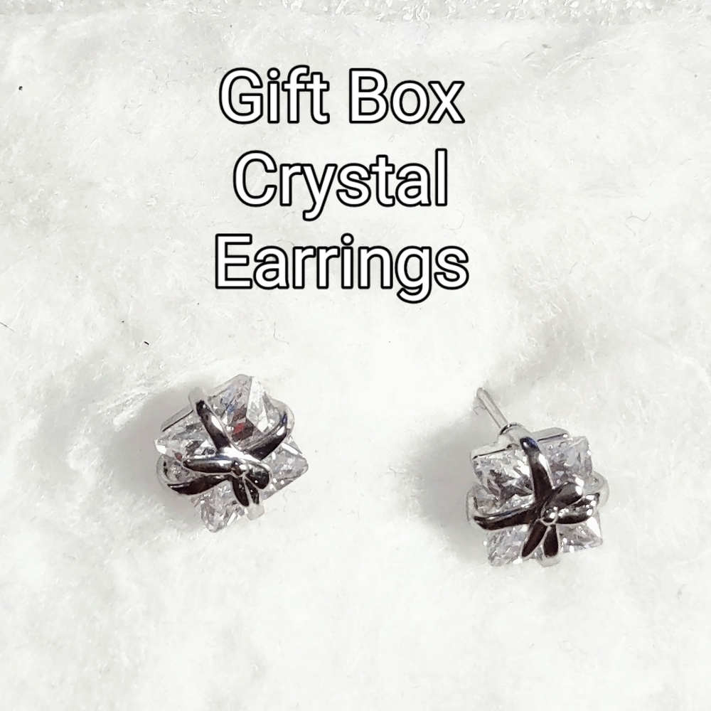 Petite White Sparkling Crystal Package w/ Bow Pierced Post Earrings